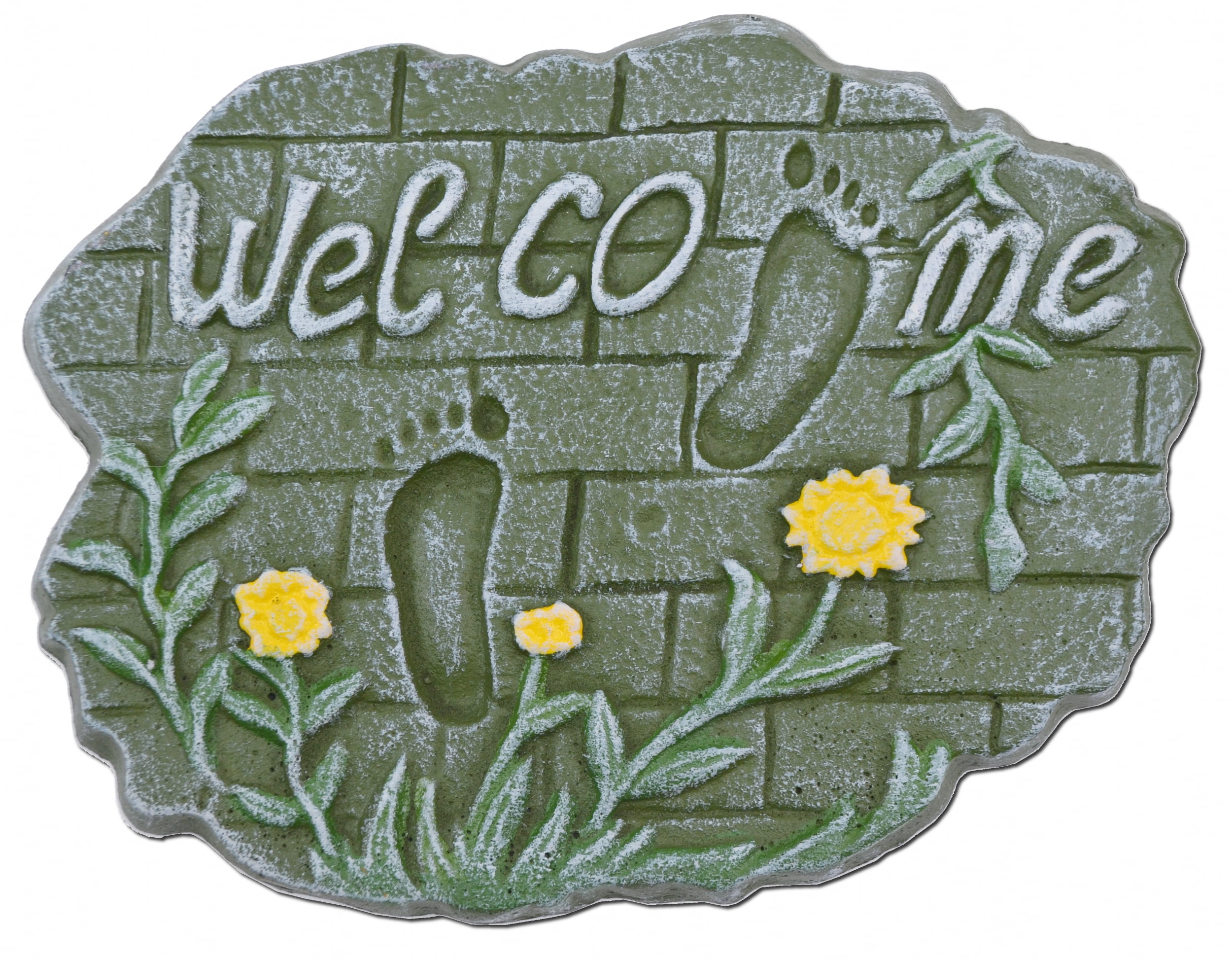 Green Cast Iron Welcome Stepping Stone with Yellow Flowers
