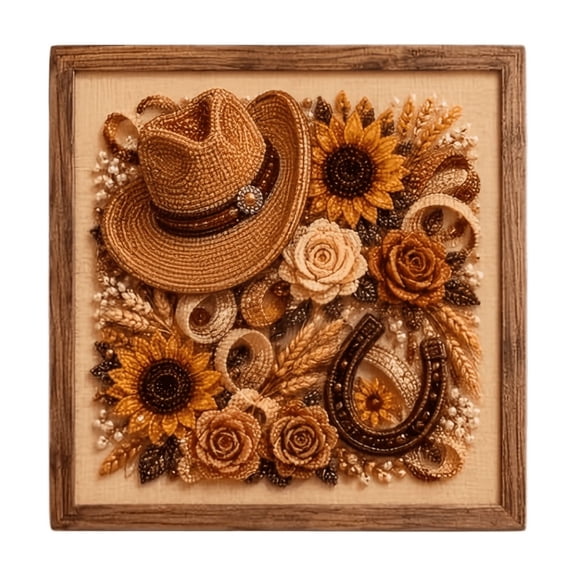 Decorative Western Country Pearl Bead Art DIY Kit, Cowboy Hat Mixed Floral Horseshoe Design, All‑In‑One Adult Craft Kit for Rustic Home Wall Display Piece