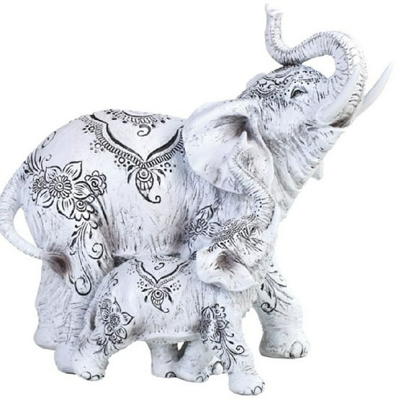 Decorative White Elephant With Cub Figurine