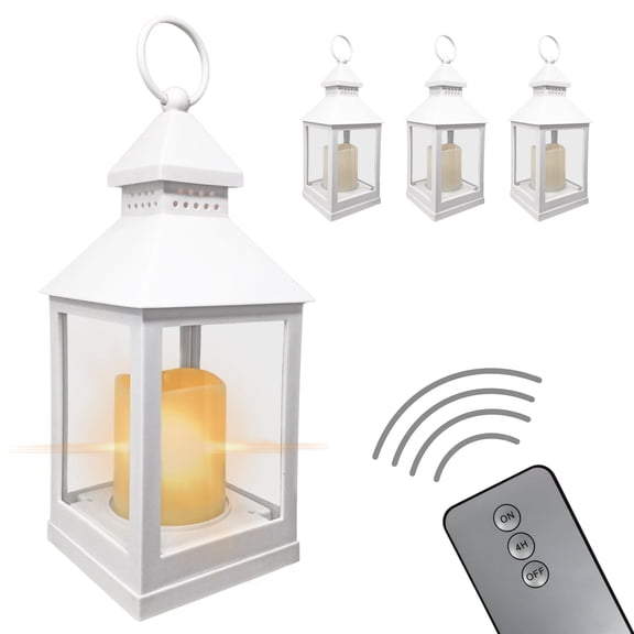 Decorative White Lanterns - Set of 4 - 4 Hour Timer - Remote 9 3/8"H White LED Lanterns with Flameless Pillar Candles Included - Indoor/Outdoor Lantern Set- Hanging or Sitting Decoration - 9634-4W