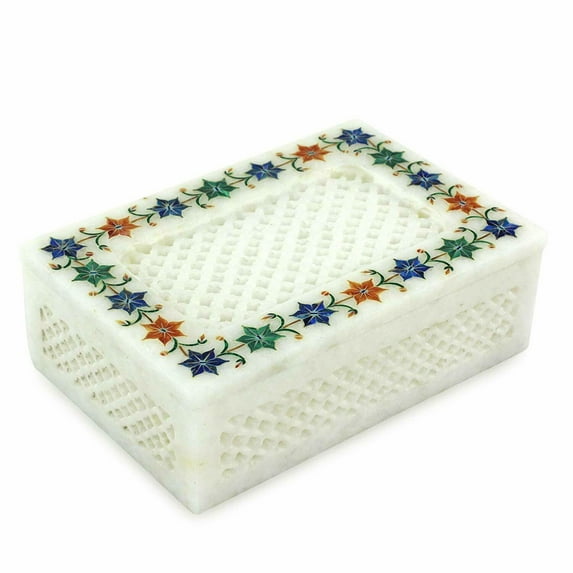Decorative White Marble Jewelry Box Multi Semi Precious Art