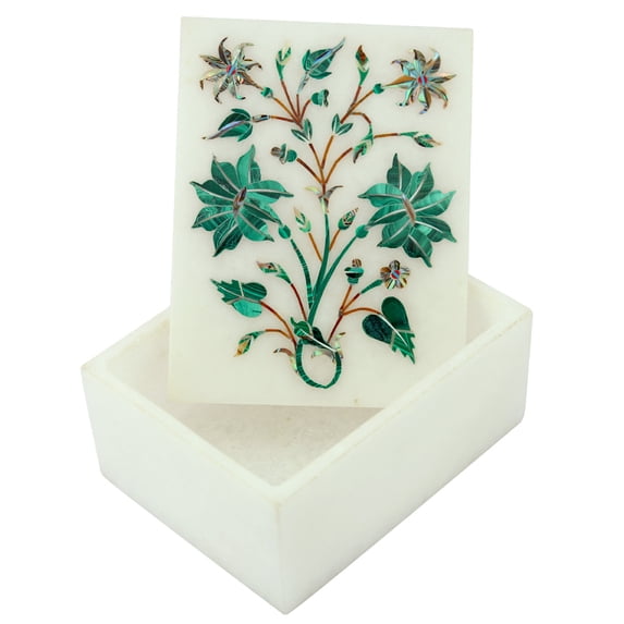 Decorative White Marble Jewelry Storage Box Malachite Stone Art