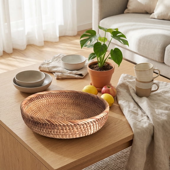 Decorative Wicker Coffee Table Bowls Shallow Bread Plate Natural Rattan Round Tray Set 3 Woven Fruit Basket Platter with Reinforced Thick Borders Eco Friendly Tabletop Organizer Large Size