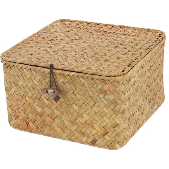 Decorative Wicker Storage Bins with Lids,Medium Desktop Makeup Organizer,Woven Wicker Storage Baskets for Kids Toys,Shelves, Bathroom, Bedroom,Square Stackable Storage Boxes(7.87"x7.87"x3.94" )