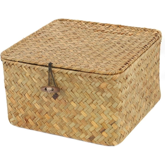 Decorative Wicker Storage Bins with Lids,Medium Desktop Makeup Organizer,Woven Wicker Storage Baskets for Kids Toys,Shelves, Bathroom, Bedroom,Square Stackable Storage Boxes(7.87"x7.87"x3.94" )