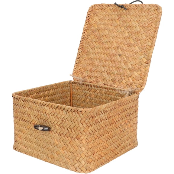 Decorative Wicker Storage Bins with Lids,Small Desktop Makeup Organizer,Woven Wicker Storage Baskets for Kids Toys,Shelves, Bathroom, Bedroom,Square Stackable Storage Boxes(5.51"x5.51"x3.93" )