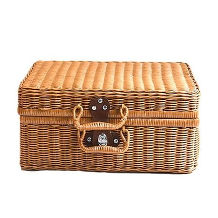 Decorative Wicker Suitcase Photo Props Organizer Food Storage Cosmetic Organizer Khaki 26x16x10cm