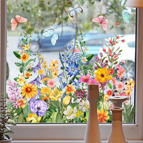 Decorative Window Decals, Floral Garden Design with Colorful Wildflowers, Self-Adhesive Glass Stickers