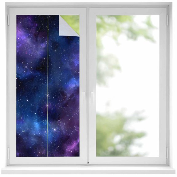 Decorative Window Privacy Film Blue Purple Galaxy Stars Static Cling Window Film Space Universe Themed Removable Heat Control UV Blocking for Bathroom Glass Door Covering 17.7x39.3in