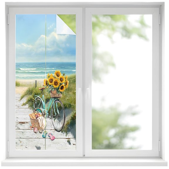 Decorative Window Privacy Film Blue Sea Beach Static Cling Window Film Sunflower Bike Removable Heat Control UV Blocking for Bathroom Glass Door Covering 17.7x39.3in