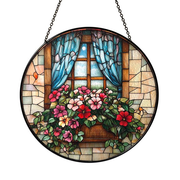 Decorative Window View with Flowers Stained Glass Style Window Hanging – Home Decor
