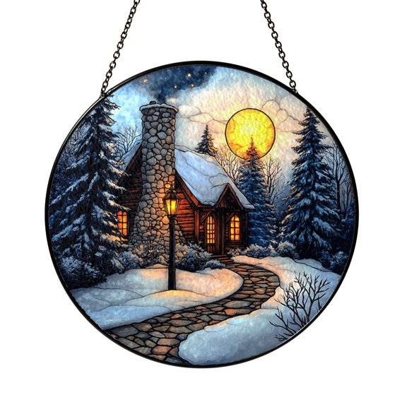 Decorative Winter Cabin Stained Glass Style Suncatcher Window Decor, Forest Lodge Glass Style Hanging Panel with Campfire Landscape for Rustic Window Ornament Gift