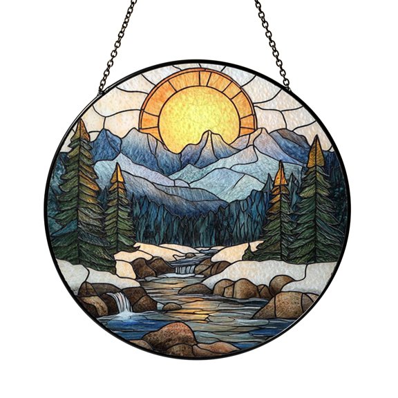 Decorative Winter Landscape Window Hanging Stained Glass Style Suncatcher, Scenic Nature Art Decor for Window Display, Nature Inspired Glass Panel