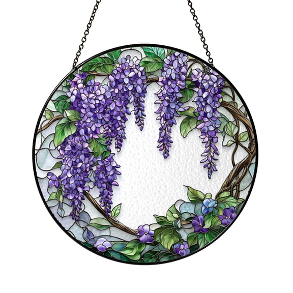 Decorative Wisteria Blossom Tree Stained Glass Style Suncatcher Window Decor, Purple Flower Tree Glass Style Hanging Panel for Garden Window Ornament Gift