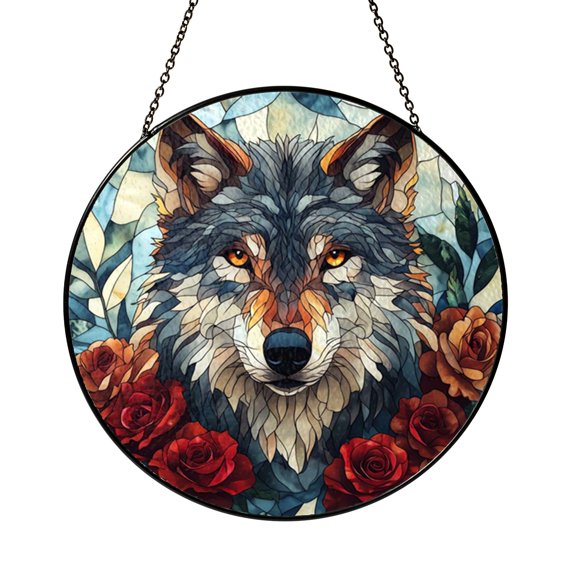 Decorative Wolf Floral Window Hanging – Stained Glass Style Nature Decor1601
