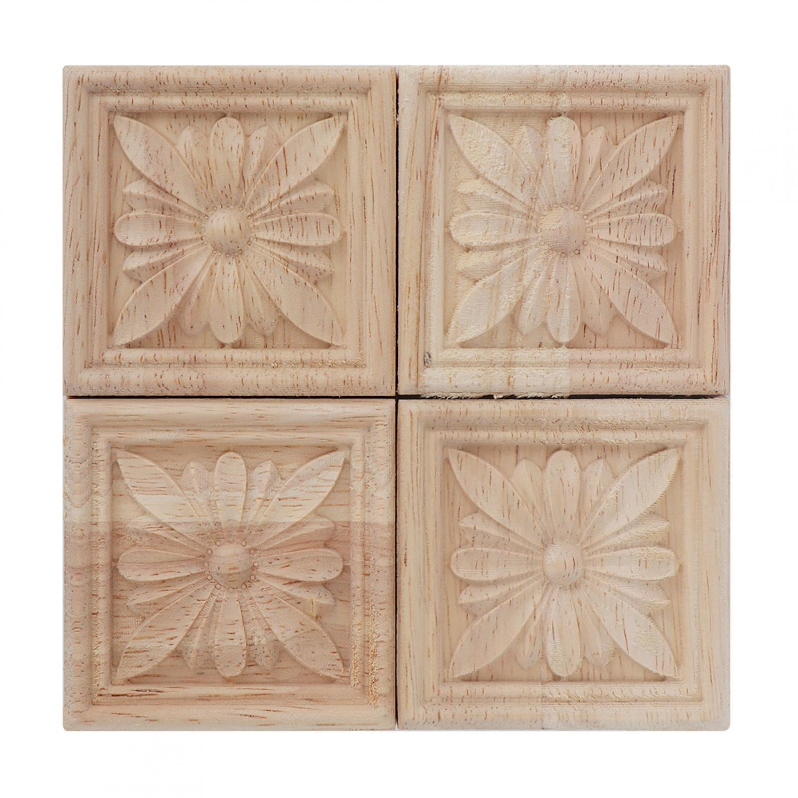 Decorative Wood Appliques,4Pcs Carving Checkered Applique Unpainted ...