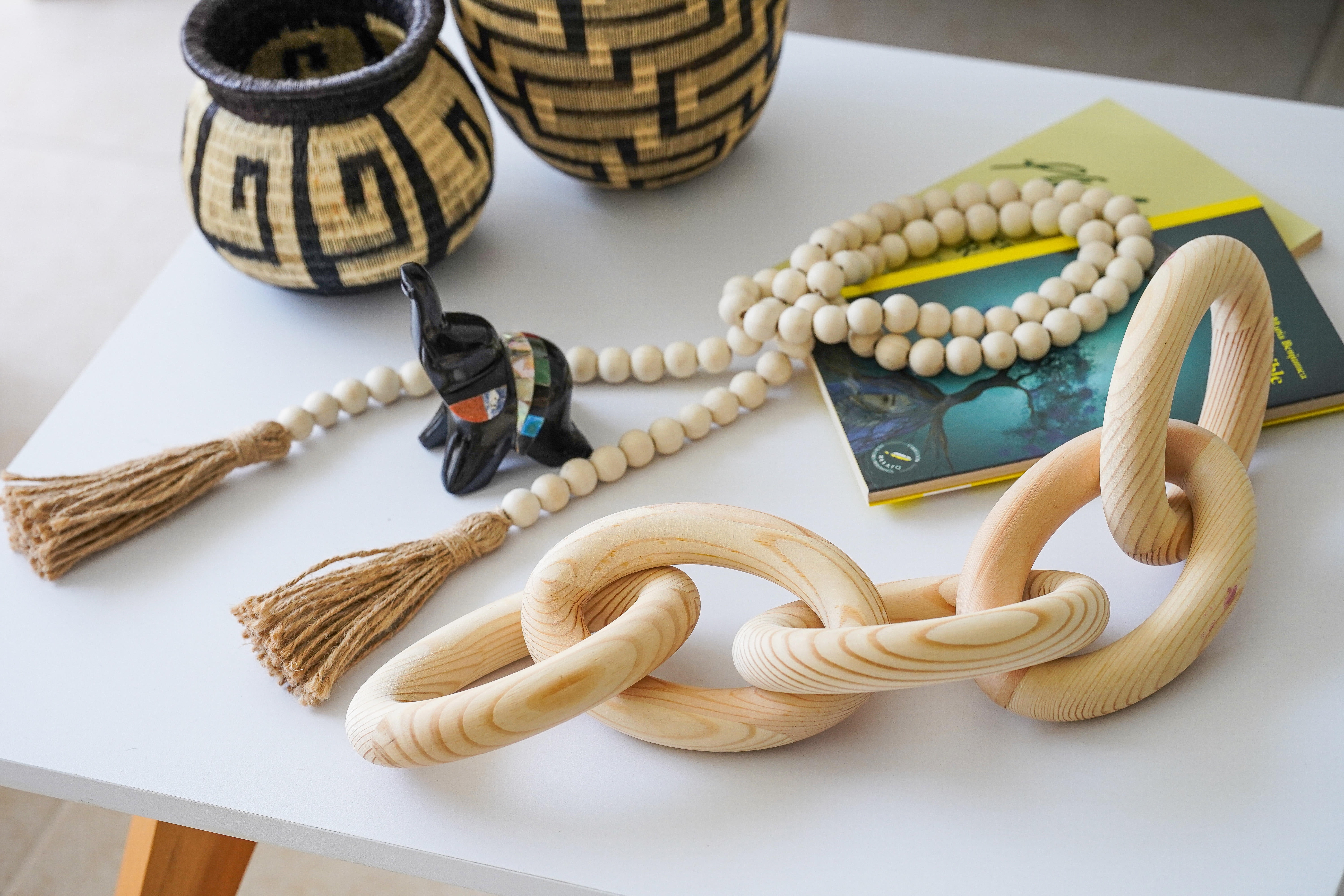 Decorative Wood Chain Link and Bead Garland Set | Hand Carved Pine Wood Chain Decor | Modern Farmhouse Decor Set | Aesthetic Room Decor | Boho Decorations for Living Room Bedroom Entryway | Natural