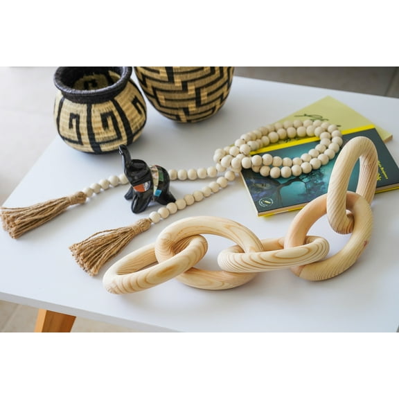Decorative Wood Chain Link and Bead Garland Set | Hand Carved Pine Wood Chain Decor | Modern Farmhouse Decor Set | Aesthetic Room Decor | Boho Decorations for Living Room Bedroom Entryway | Natural