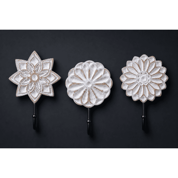 Decorative Wood Farmhouse Boho Flower Coat Hooks Classic 3-Pack