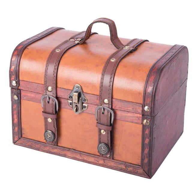 Large Brown Faux Leather and Wood Storage Trunk