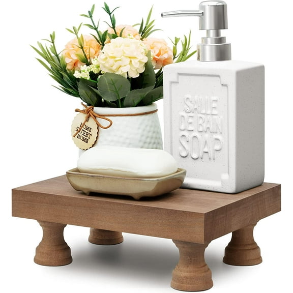 Decorative Wood Riser for Room Decor : Modern Farmhouse Pedestal Stand For Display Your Home Decoration and Soap Stand - Retro Wooden Tray for Bathroom and Kitchen Counter Decor (Rustic Brown)