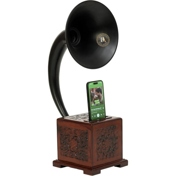 Decorative Wooden Base with Carved Design,Vintage Style Gramophone Speaker, Black Horn