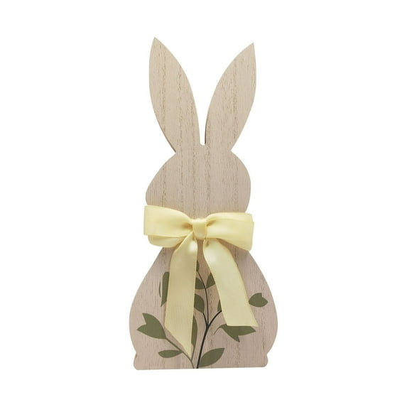 Decorative Wooden Bunny with Pink Bow Perfect for Easter, Spring Home Decor, Tabletop Centerpiece, Nursery Decoration