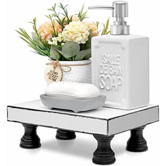 Decorative Wooden Riser for Display : Farmhouse Pedestal Stand for Retro Home Decor and Soap holder for Sink - The Rustic Tray Decor Riser for Kitchen & Bathroom (Black and White)