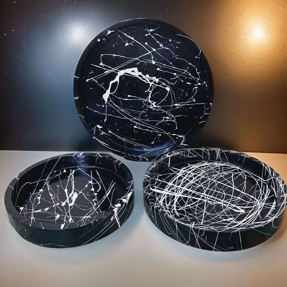 Decorative Wooden Round Serving Trays Platter Black for Home/Kitchen Wood- 3 SET