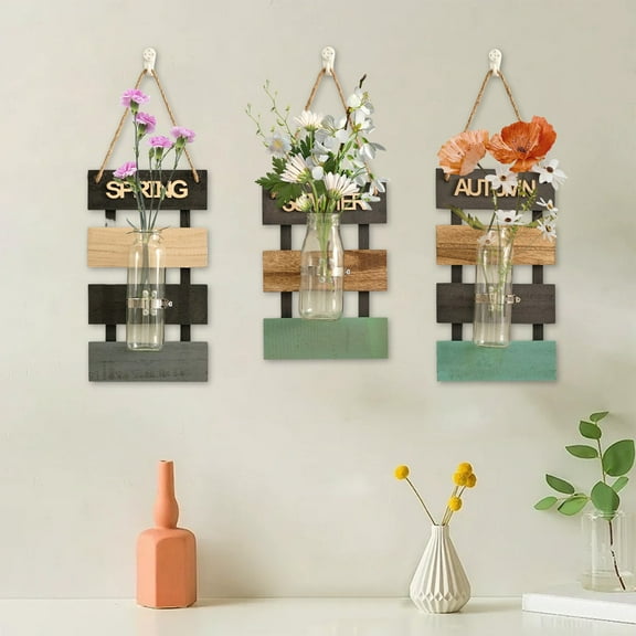 Decorative Wooden Wall Vase | Compact Wall-Hanging Planter | Sturdy Wood Frame & Thick Rope Suspension | Clear Removable Glass Vase | Rustic Accent | 30x17cm | 1 Piece