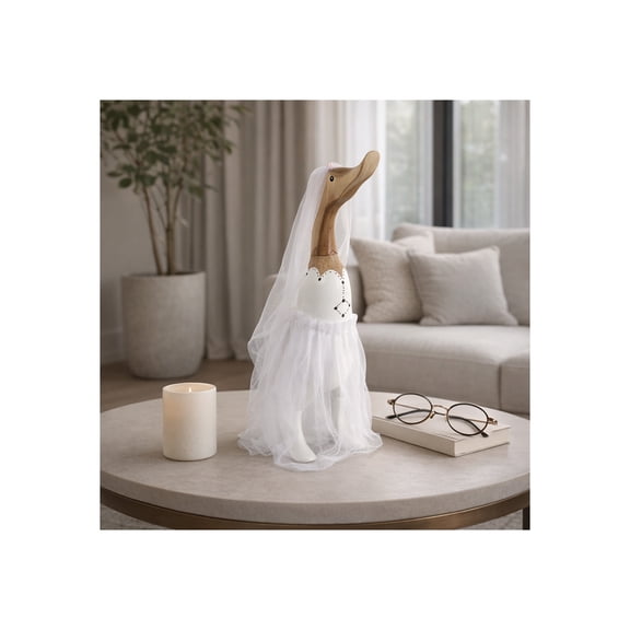 Decorative Wooden Wedding Duck Figurine for Home Decor - Fun Sculpture for Bathroom, Office Spaces, and Living Room Decor - Ideal Table Centerpiece, Shelf, or Coffee Table - 16", White & Brown