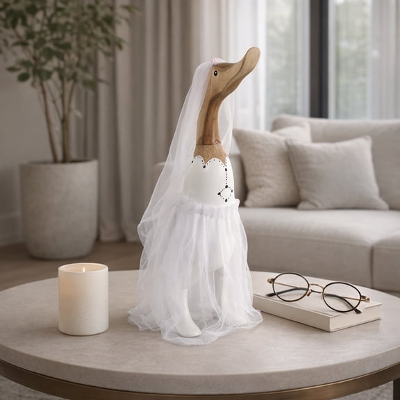 Decorative Wooden Wedding Duck Figurine for Home Decor - Fun Sculpture for Bathroom, Office Spaces, and Living Room Decor - Ideal Table Centerpiece, Shelf, or Coffee Table - 16", White & Brown