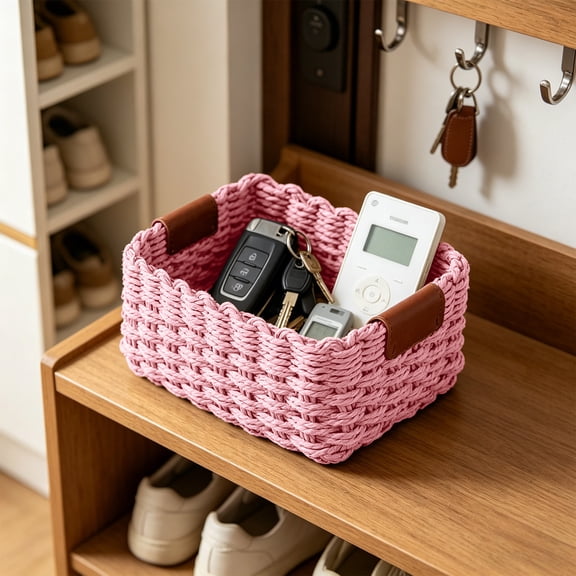 Decorative Woven Paper Rope Storage Basket, Natural Wicker Organizer Basket, Handcrafted Storage Bin for Office Sundries Cosmetics and Desktop Organization, Pink-S