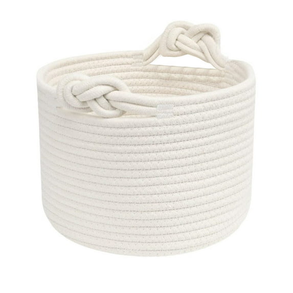 Decorative Woven Rope Basket with Handles - Small Round Storage Bin for Organizing Shelves, Closet, Snacks, Laundry | Desktop & Home Decor