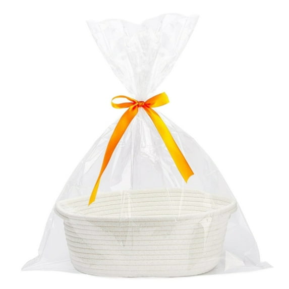 Decorative Woven Rope Storage Basket with Handle, 12X8X5 Inches Small Gift Basket for Toys, Blankets, Towels, Fruits, Nursery & Shelf Organization, Includes Gift Bag & Ribbon