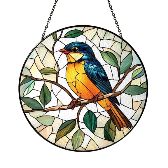 Decorative Yellow Bird Lilac Flowers Stained Glass Style Suncatcher Window Hanging, Spring Floral Glass Panel Art Window Ornament Garden Decor