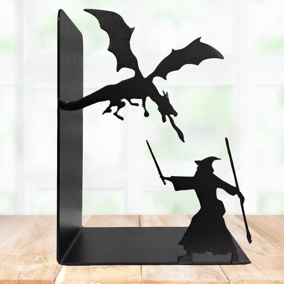 Decorative bookends for Shelves, 7 Inch Tall Heavy Metal Bookends, Bookends, Non Skid Book Ends, Book Stopper for Home/Office Decor/Shelves, Wizard and Dragon Design, Black, 3lb