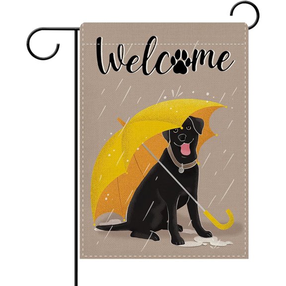 Decorative garden flag with black Labrador pattern, perfect for pet lovers. This double-sided outdoor decorative flag is perfect for rainy days in your yard.