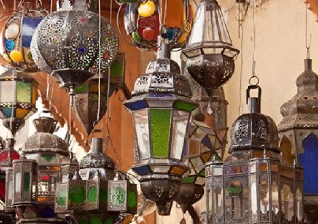 Decorative lanterns in Fes medina Morocco Canvas Art - William Sutton DanitaDelimont (34 x 24)