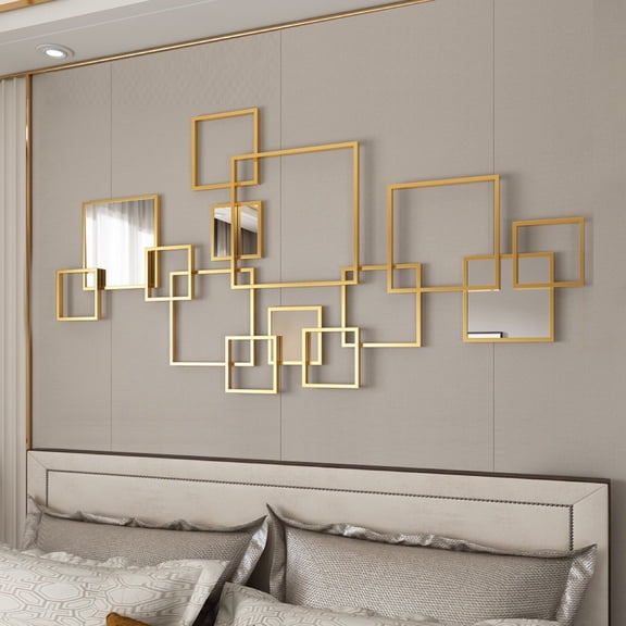 Decorative mirror, wall mirror with gold metal frame, asymmetrical large mirror as wall decoration for living room, bedroom, hallway, dining room