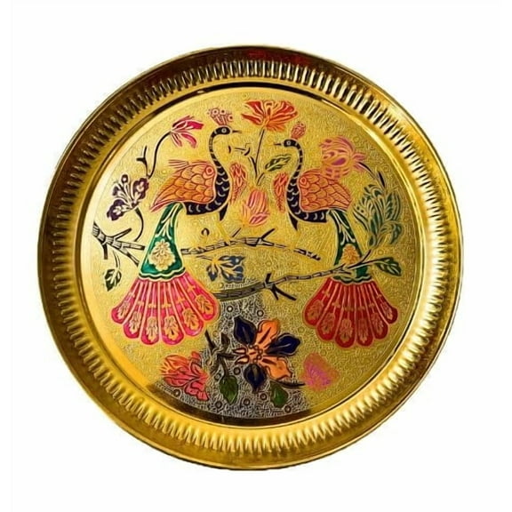 Decorative peacock Brass Thali Plate Brass Thali Prasad Plate for Pooja Utensils Indian Traditional New year Gifts Festival Decorations Housewarming and Home Decor(Size:- 8")(Golden)