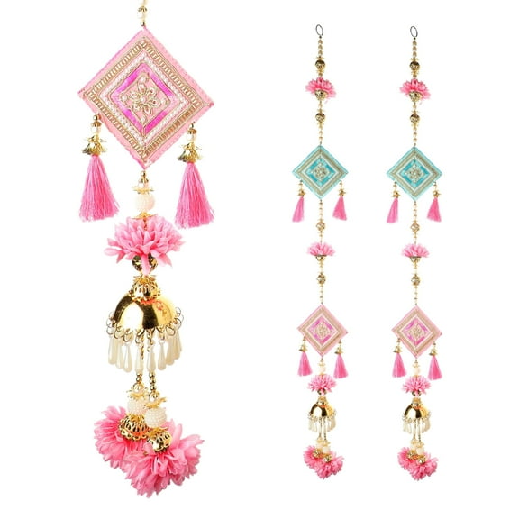 Set of 2 MDF Wooden and Artificial Flower Golden Beads Moti and Tessels Door Side Hangings main door entrance bedroom wedding festival Christmas Decorations New year Gifts (Size-36"X4")(Pink,Green)