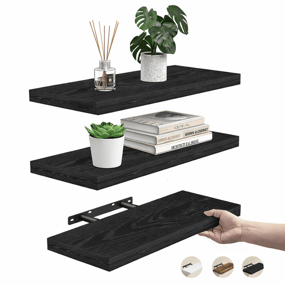 Ophanie 16 inch 3 Pack Wood Floating Shelves, Hanging Float Shelf for Bathroom, Bedroom, Living Room, Kitchen with 22lbs Capacity, Wall Mounted Decorative Shelves, 16 x 6.7x 1.1 Inch, Set of 3, Black