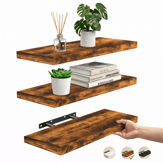 Ophanie 16 inch 3 Pack Wood Floating Shelves, Hanging Float Shelf for Bathroom, Bedroom, Living Room, Kitchen with 22lbs Capacity, Wall Mounted Decorative Shelves, 16 x 6.7x 1.1 Inch, Set of 3, Brown