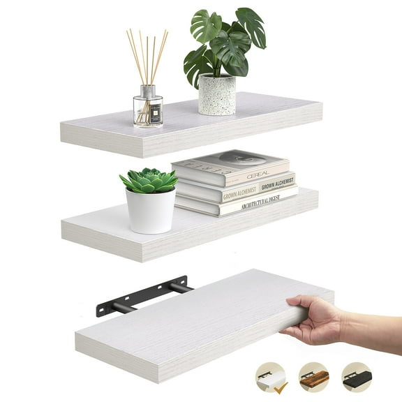 Ophanie 16 inch 3 Pack Wood Floating Shelves, Hanging Float Shelf for Bathroom, Bedroom, Living Room, Kitchen with 22lbs Capacity, Wall Mounted Decorative Shelves, 16 x 6.7x 1.1 Inch, Set of 3, White