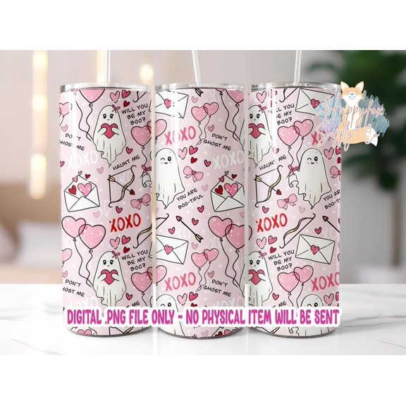 Decorative sticker for a slim 20oz insulated mug with a spooky Valentine's Day theme, heat transfer printed, 300 DPI resolution, PNG format, seamless, cute ghost image.