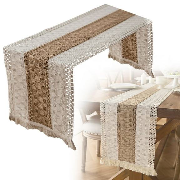 Decorative table banner,11 X 55 Inch Farmhouse Style Cotton Linen Table Runner With Handmade Fringed Rustic Jute Burlap Table Runners 55 Inches Long For Dining Room Dresser Decor