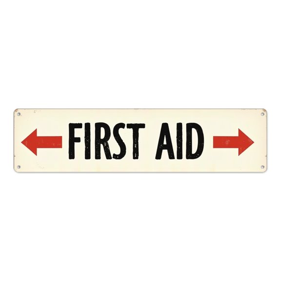 Decorative tin 16*4 "FIRST AID" off-white dual arrow scratchproof waterproof