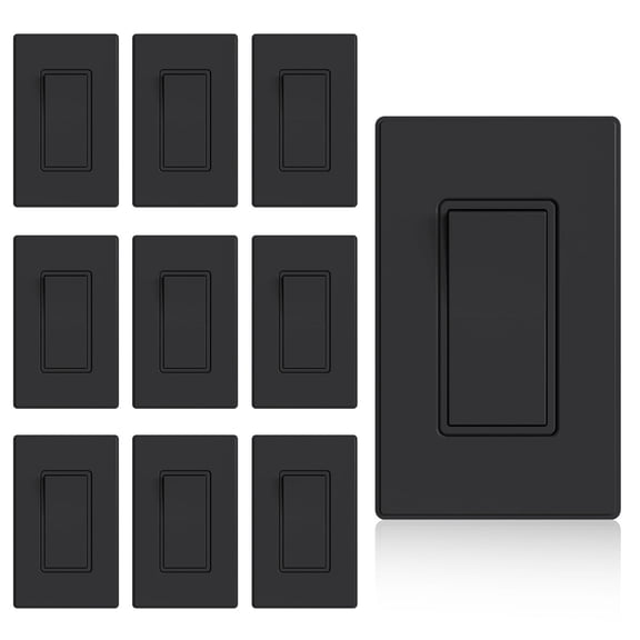 ELEGRP 15 Amp Light Switch Decorator 120V 3 Way Rocker AC Quiet, with Wall Plate, Matt Black (10-Pack)