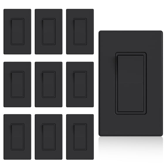 ELEGRP 15 Amp Light Switch Decorator 120V Single Pole Rocker AC Quiet , with Wall Plate, Matt Black (10-Pack)
